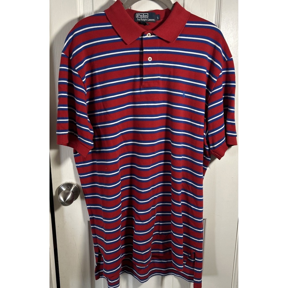 VINTAGE Polo Ralph Lauren Golf Logo Red Blue White Stripe Size L 100% Cotton